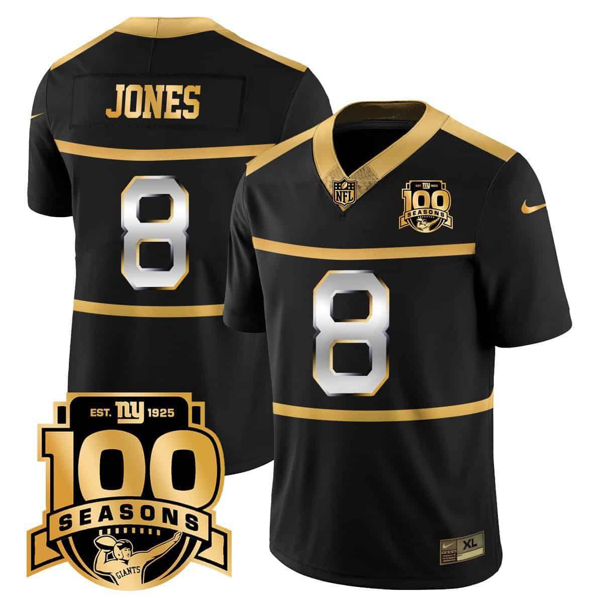 Men New York Giants #8 Jones 2024 Nike Black 100TH Season Commemorative Vapor NFL Jersey